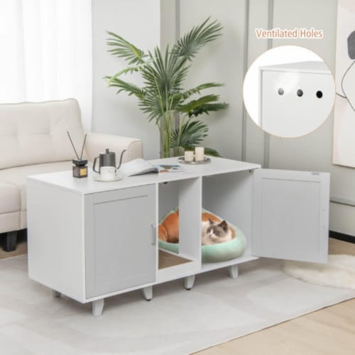 Hivvago 2-Door Cat Litter Box Enclosure with Winding Entry and Scratching Board Perspective: back