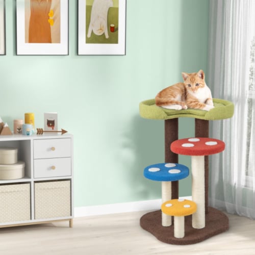 Hivvago 3-In-1 Cat Tree 3 Full-Wrapped Sisal Posts Removable Mat and Platforms-Multicolor Perspective: back