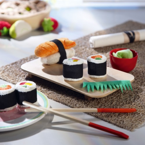 HABA Biofino Sushi Soft Play Food 10 Piece Set with Serving Board and Chopsticks Perspective: back