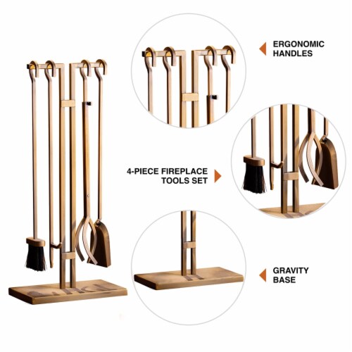 2WAYZ Fireplace Tools Set, 5 Pcs Cast-Iron Fireplace Accessories - Powder Coated Poker, Shovel, Tongs & Brush. Easy-to-Assemble Fire Poker Set For