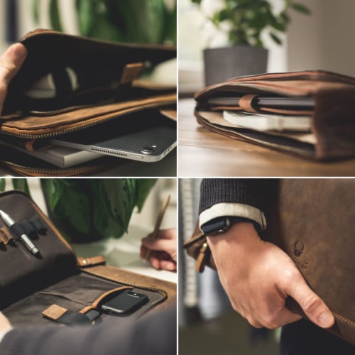 DONBOLSO Vintage Brown Laptop Sleeve London I 13.3-14  Genuine Leather Notebook Briefcase Perspective: back