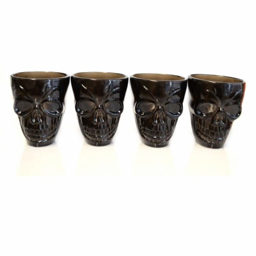 4 Halloween Black Shot Glasses with Spooky 3D Skull Shape Perspective: back