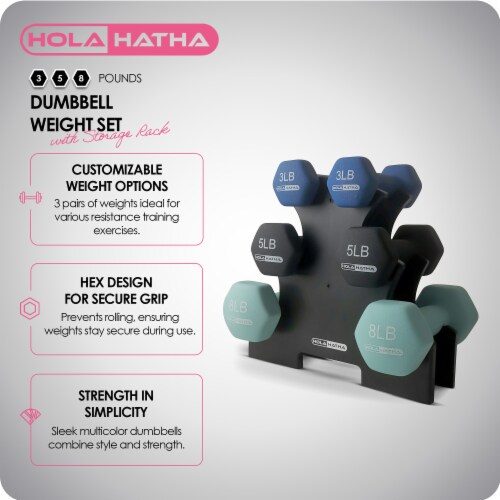 HolaHatha 3 5 and 8 Pound Dumbbell Hand Weight Set with Storage Rack Multi 1 Piece Fred Meyer