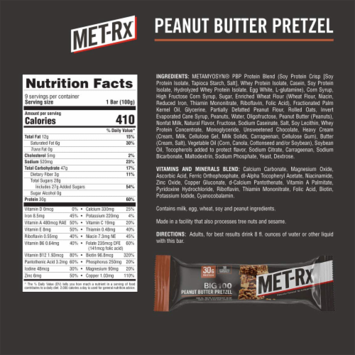 MET-Rx Big 100 Colossal Protein Bars, Peanut Butter Pretzel, Meal Replacement, 100g, 9 Count Perspective: back