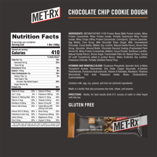 MET-Rx Big 100 Colossal Protein Bars, Ch. Chip Cookie Dough, Meal Replacement, 100g, 9 Count Perspective: back