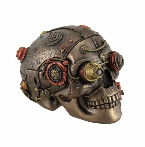 Veronese Design - Bronze Finish Leather Look Gearhead Steampunk Skull Trinket/Stash Box Perspective: back