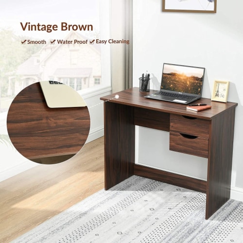 Coavas Brown Computer Desk with 2 Side Drawers Classic Home Office