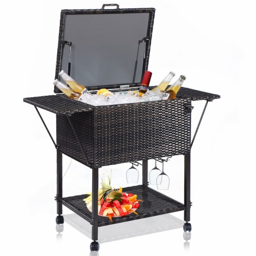 Portable Rattan Cooler Cart Trolley Outdoor Patio Pool Party Ice