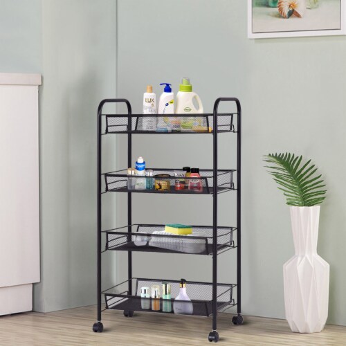Costway 4 Tier Storage Rack Trolley Cart Home Kitchen Organizer Utility Baskets Black Perspective: back
