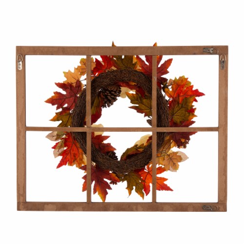 Glitzhome Blooming Magnolia Wooden Window Frame Wreath Perspective: back