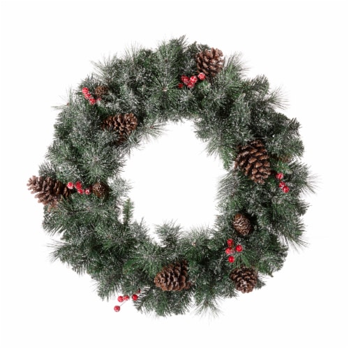 Glitzhome 24 Inch Diameter Glittered Pine Cone Christmas Wreath, with Warm White Lights Perspective: back