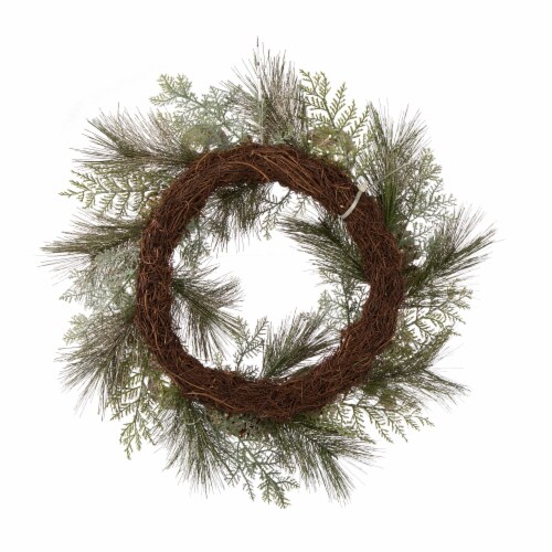 Glitzhome Pre-Lit Berry Holly & Pine Cone Silver Ornament Wreath Perspective: back