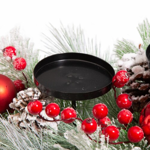 Glitzhome 24 Inch Length Snow Berry Ball Pinecone Pine Candle Holder Perspective: back
