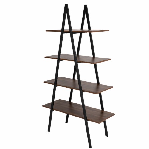 Glitzhome Metal & Wooden 4-Tier Bookcase and Ladder Shelves - Black/Walnut Perspective: back