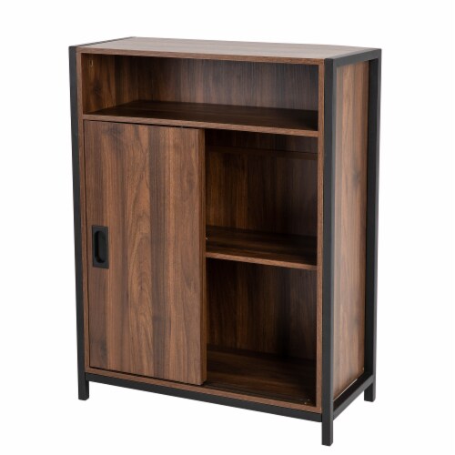 Glitzhome Wooden Metal Floor Cabinet with Double Sliding Doors - Walnut/Black Perspective: back