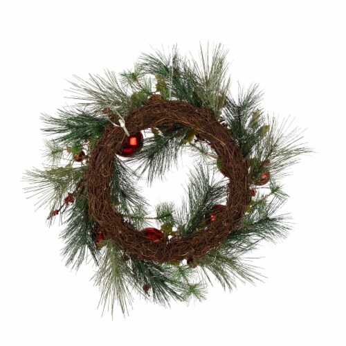 Glitzhome Wooden Window Frame & Pre-Lit LED Pinecone & Ornament Wreath Perspective: back