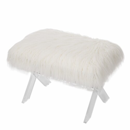 Glitzhome Faux Fur Upholstered Bench with Acrylic X-Leg - White / Clear Perspective: back