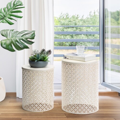 Glitzhome Metal Garden Stool Plant Stand - Cream White Perspective: back