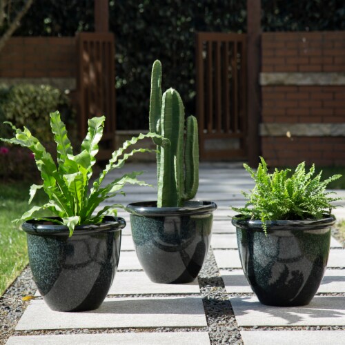 Glitzhome Oversized Faux Ceramic Round Plastic Pot Planter - Black Perspective: back