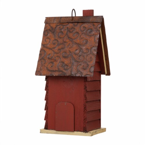 Glitzhome Hanging Distressed Wooden Cottage Birdhouse - Red Perspective: back