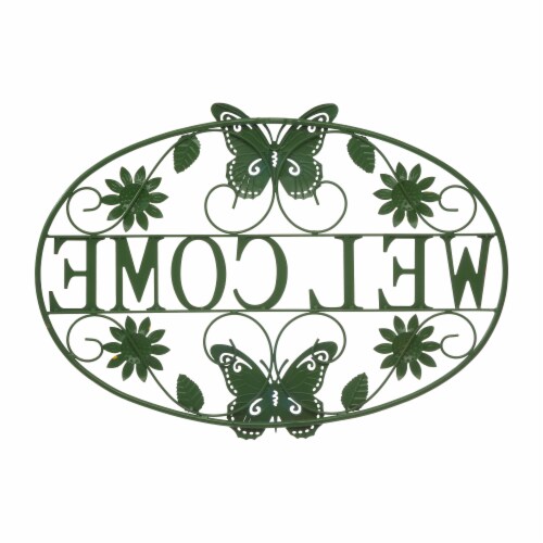 Glitzhome Metal Welcome Word Butterfly and Flowers Wall Decor Perspective: back