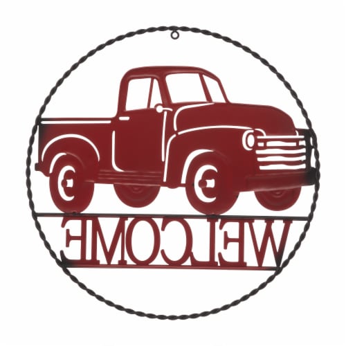Glitzhome Rustic Metal Truck with Welcome Word Wall Decoration - Red Perspective: back