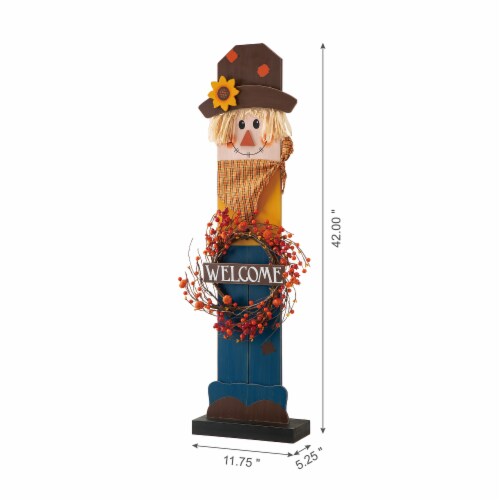 Glitzhome 42 Inch Tall Fall Lighted Wooden Scarecrow Porch Decor with Wreath Perspective: back