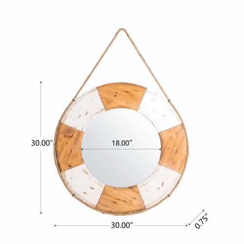 Glitzhome 30 Inch Diameter Coastal Lifebuoy Wood Round Wall Mirror, White&Yellow Perspective: back