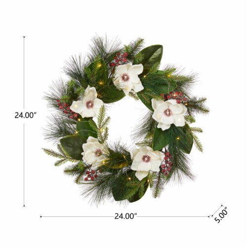 Glitzhome Iced Magnolia Berry Pine Wreath With Lights Perspective: back