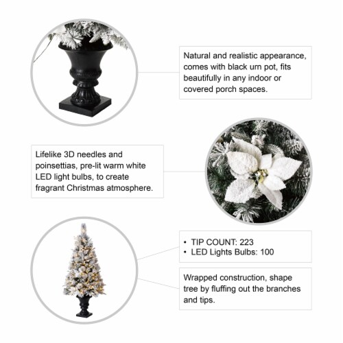 Glitzhome 4 Feet Flocked Pine Poinsettia Faux Christmas Porch Tree with 100 Warm White Lights Perspective: back