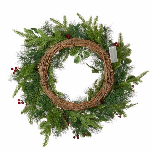 Glitzhome 24 Inch Diameter Ornament Berry Holly Pine Wreath With Lights Perspective: back