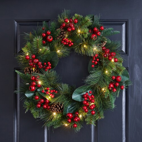 Glitzhome 24 Inch Diameter Berry Magnolia Leaf Pinecone Wreath With Lights Perspective: back
