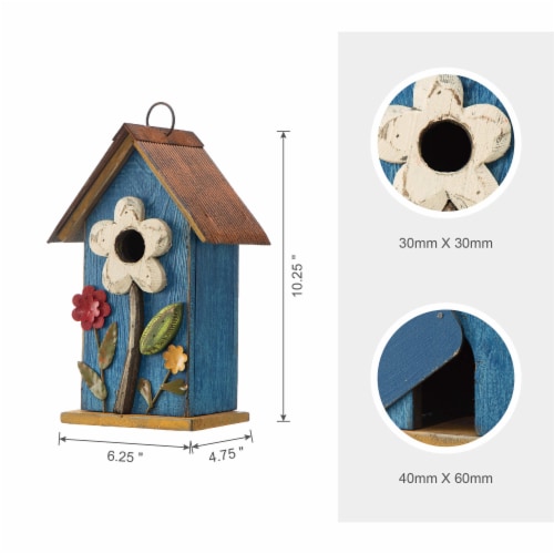 Glitzhome Decorative Wooden Birdhouse Rustic Hand-Painted Garden Decoration, Blue Perspective: back