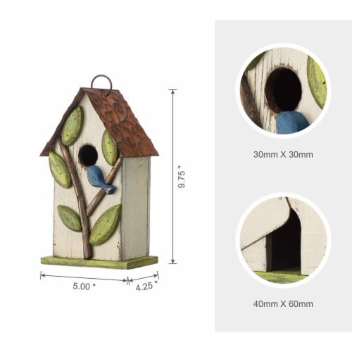 Glitzhome 9.75 Washed White Bird House with 3D Tree and Bird Perspective: back
