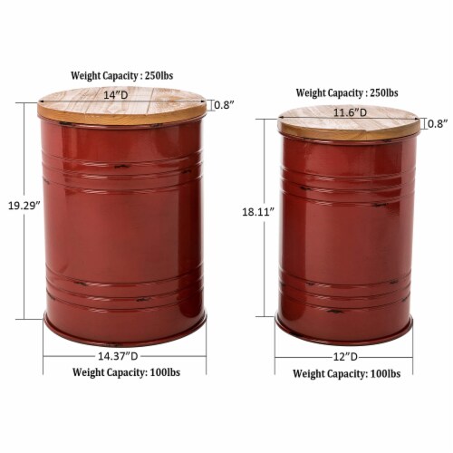 Glitzhome Set of Two Rustic Farmhouse End Table with Metal Accent Barrel and Wood Lid Perspective: back