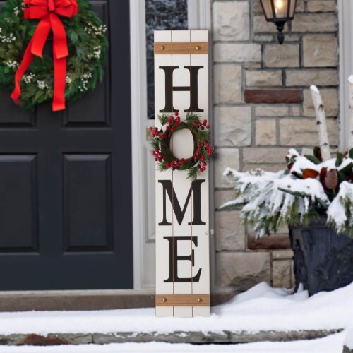 Glitzhome 8 Inch x 42 Inch Tall Wooden Home Porch Sign with 3 Changeable Wreaths - White Perspective: back