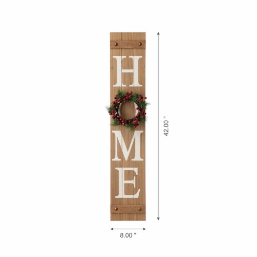 Glitzhome 8 Inch x 42 Inch Tall Wooden Home Porch Sign with 3 Changeable Wreaths - Natural Perspective: back