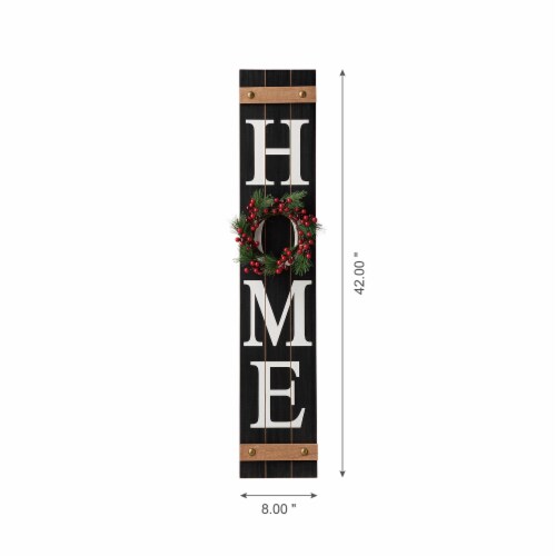 Glitzhome 8 Inch x 42 Inch Tall Wooden Home Porch Sign with 3 Changeable Wreaths - Black Perspective: back