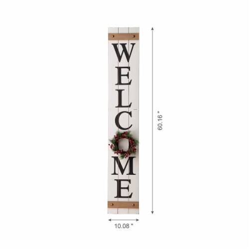 Glitzhome 60 Inch Wooden Welcome Porch Sign with 4 Changeable Wreaths - White Perspective: back