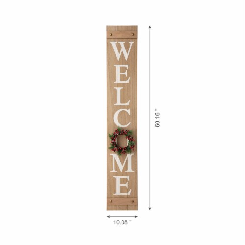 Glitzhome 60 Inch Wooden Welcome Porch Sign with 4 Changeable Wreaths - Natural Wood Perspective: back