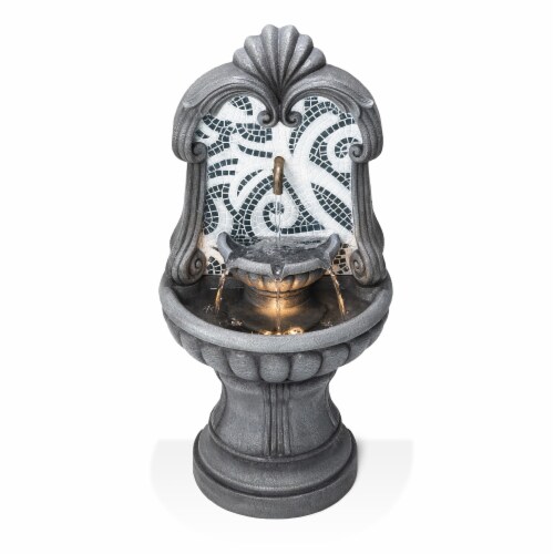 Glitzhome 35.25 Inch H European Style Outdoor Fountain with LED Light Faux Mosaic Pedestal Perspective: back