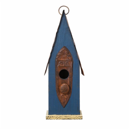 Glitzhome 13.25 Inch Tall Retro Blue Distressed Solid Wood Birdhouse Perspective: back
