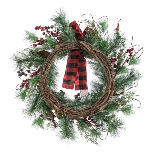 Glitzhome 24 Inch Diameter Frosted Berry, Pine with Bowknot Wreath Perspective: back