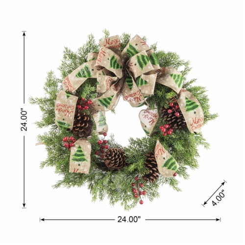 Glitzhome 24 Inch Diameter Cypress Leaves Pinecone With Bowknot Ribbon Wreath Perspective: back