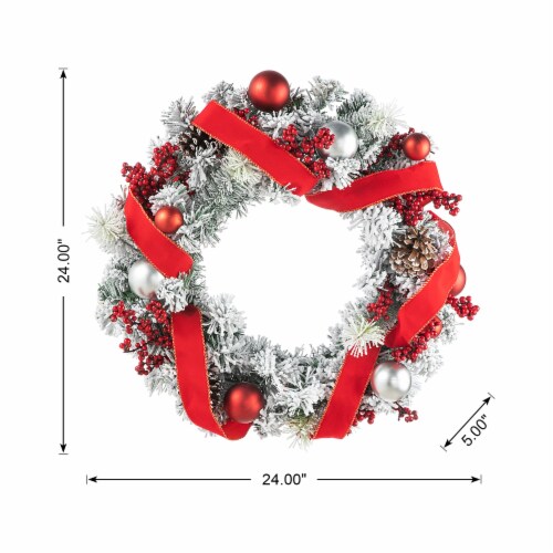 Glitzhome 24 Inch Diameter Flocked Berry, Pinecone Ribbon Wreath Perspective: back