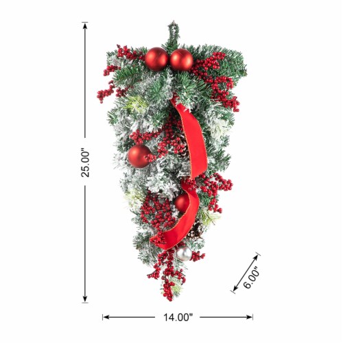 Glitzhome 25 Inch Tall Flocked Berry, Ornament and Pinecone Ribbon Teardrop Perspective: back