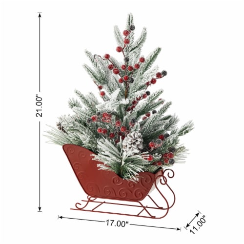 Glitzhome 21 Inch Tall Christmas Red Sleigh Frosted Floral Centerpiece Perspective: back