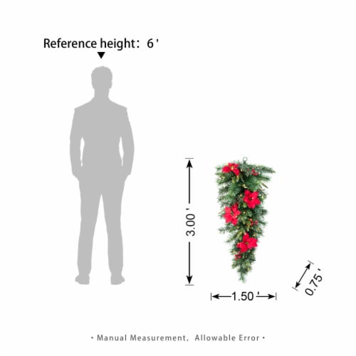 Glitzhome 3 Feet Pine Poinsettia and Berries Christmas Teardrop Swag, 50 Warm White Lights Perspective: back