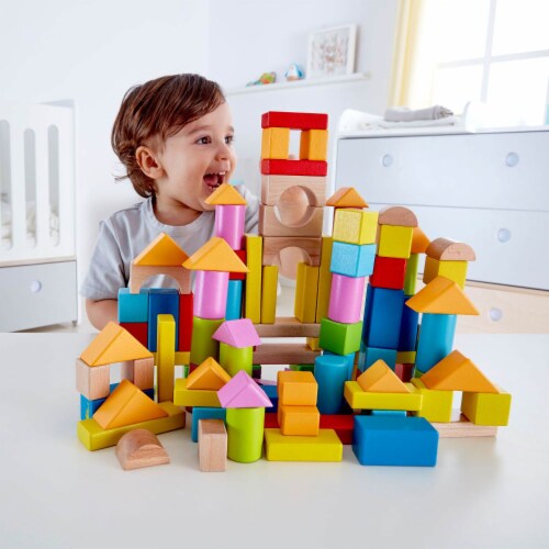 Hape Kid's Toddler 100 Piece Stacking Build Up and Away Wooden Blocks Toy Set Perspective: back