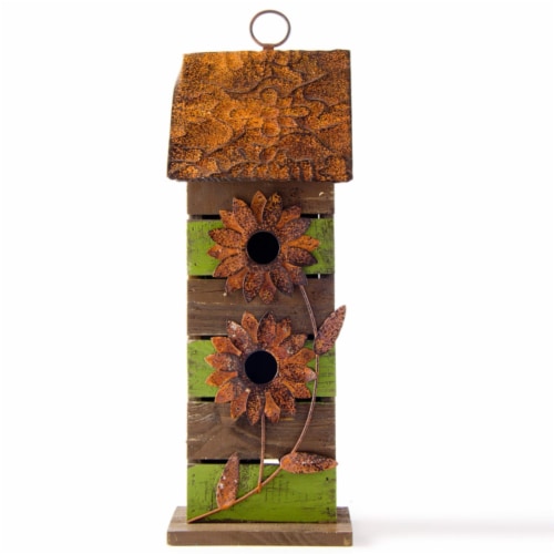 Glitzhome Hanging Two-Tiered Distressed Wooden Birdhouse Perspective: back